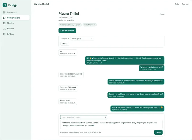 Bridge conversation view with the patient's details, who it is assigned to, the chat history and a typed reply ready to send (sample data)