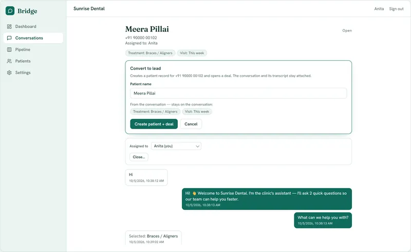 Bridge Convert to lead form that creates a patient record and opens a deal from a WhatsApp conversation (sample data)