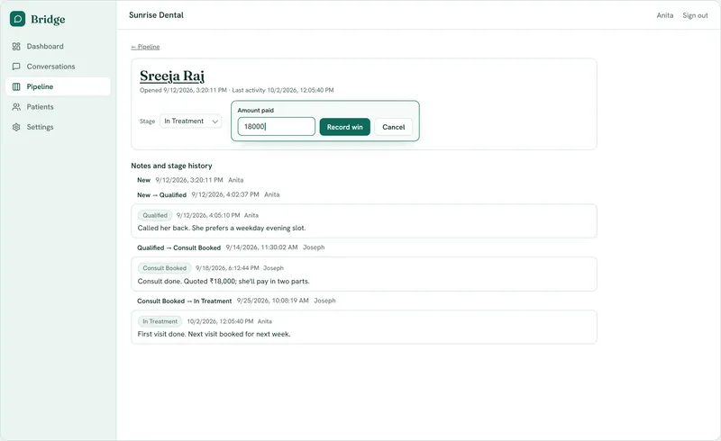Bridge deal page with the Won form open, asking for the amount paid (sample data)