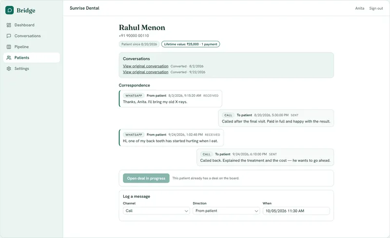 Bridge patient record with WhatsApp messages, logged calls, an open deal and the total paid (sample data)