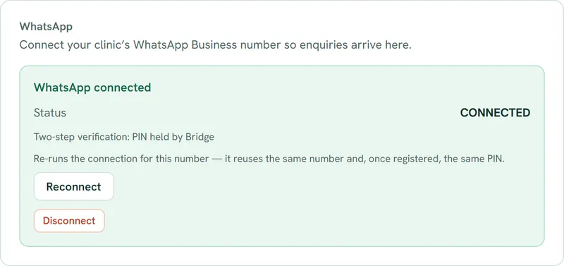 Bridge settings showing a connected WhatsApp number with Reconnect and Disconnect buttons (sample data)