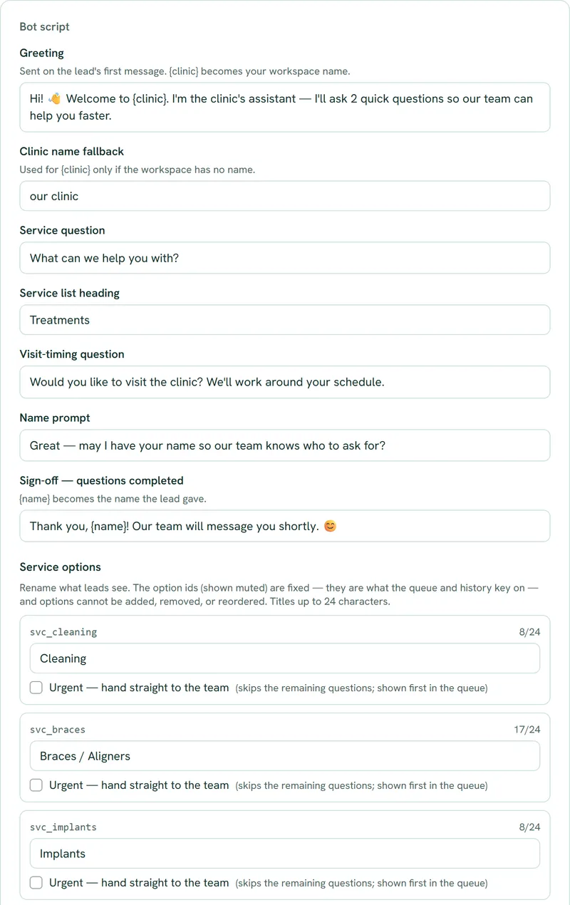 Bridge bot script settings where the clinic edits its greeting, questions and service names (sample data)