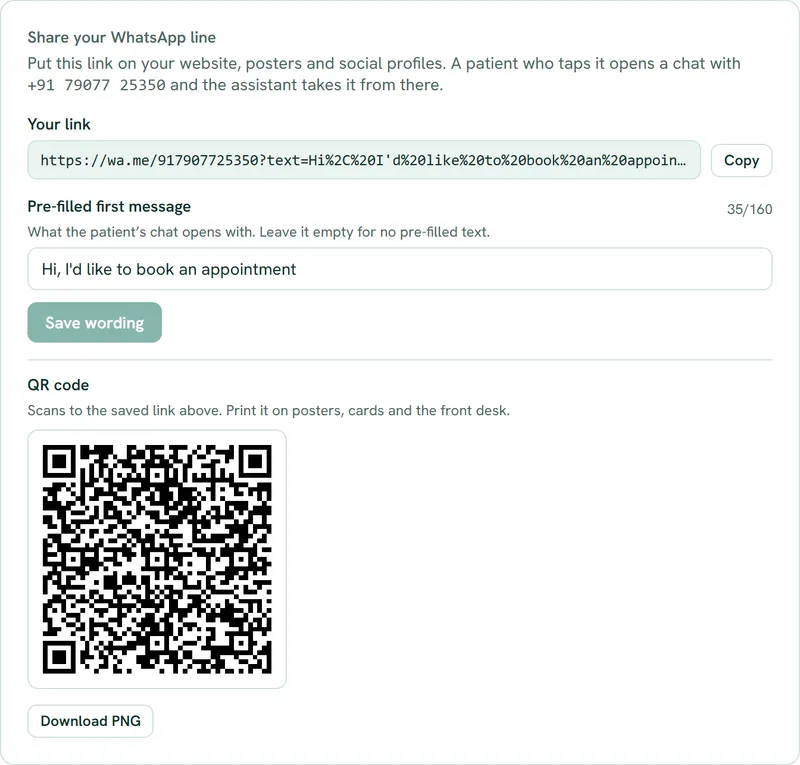Bridge share card with the clinic's WhatsApp chat link, pre-filled first message and QR code (sample data)