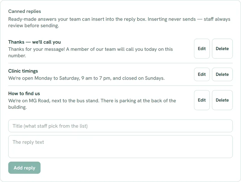 Bridge canned replies settings listing ready-made answers staff can insert into a reply (sample data)