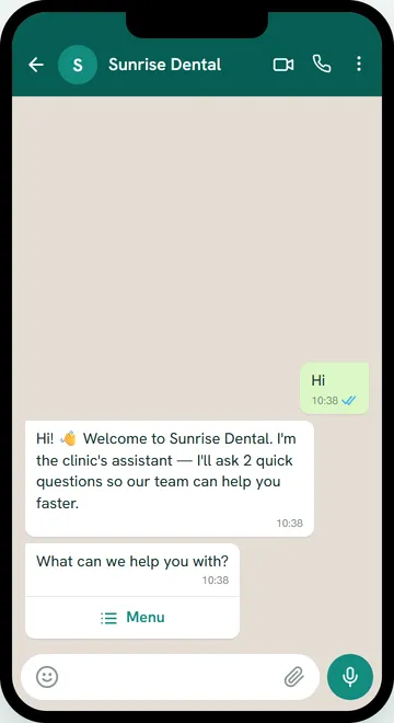 WhatsApp chat where a dental clinic's automatic greeting asks what the patient needs, with a Menu button (sample data)