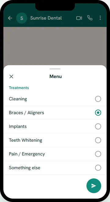 WhatsApp list of dental services, such as Cleaning, Braces / Aligners and Implants, opened from the Menu button (sample data)