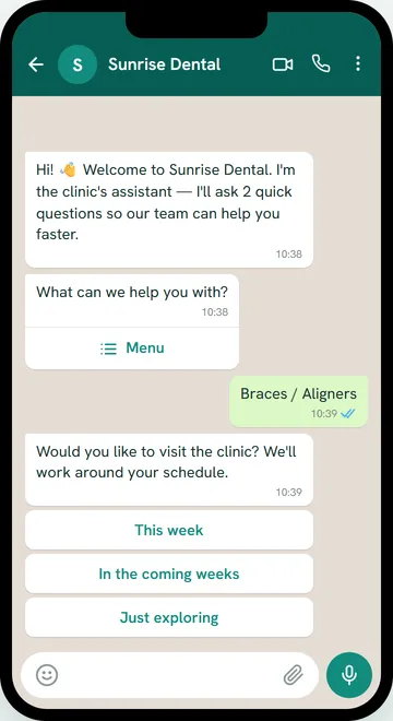 WhatsApp chat asking when the patient would like to visit, with buttons for This week, In the coming weeks and Just exploring (sample data)