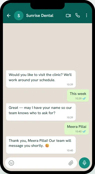 WhatsApp chat where the patient types her name and the clinic replies that its team will message her shortly (sample data)